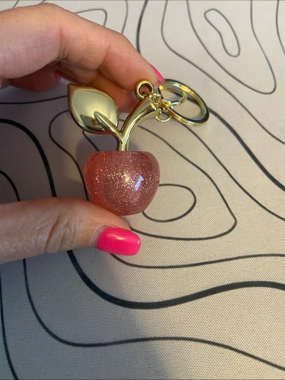 Gold Cherry Keychain with Pink Glitter Resin Charm